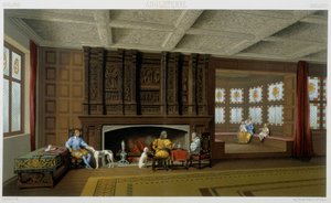 Engelsk lord och hans familj i hans 1600-talshem. Kromolitografisk platta - i "" Le costume historique"" av Racinet av Albert Charles August Racinet