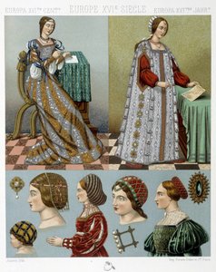 Mode och frisörer i Europa på 1500-talet - i "" Den historiska kostymen"" av Racinet, sent 1800-tal av Albert Charles August Racinet