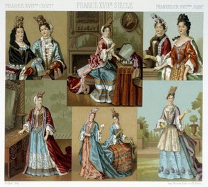 Mode och frisör i Frankrike på 1700-talet - i "" Le costume historique"" av Racinet, sent 1800-tal av Albert Charles August Racinet