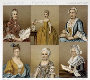 Franskt feminint mode på 1700-talet. Illustration i "" Le costume historique"" av Racinet av Albert Charles August Racinet