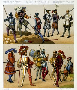 Franska militärdräkter på 1500-talet. Kromolitografisk platta - i "" Le costume historique"" av Racinet av Albert Charles August Racinet