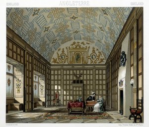 Interiör av ett ståtligt hus i England på 1600-talet. Illustration i "" Le costume historique"" av Racinet av Albert Charles August Racinet