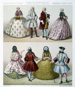 Män och kvinnor som bär moderiktiga 1700-talsdräkter i Frankrike. Illustration i "" Le costume historique"" av Racinet av Albert Charles August Racinet