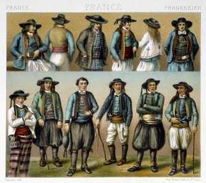 Mansdräkter från 1800-talets Finistère - i "" Le costume ancien et historique "" av Racinet av Albert Charles August Racinet