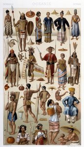 Folk i Malaysia och Polynesien (Oceanien). Illustration i "" Le costume historique"" av Racinet av Albert Charles August Racinet