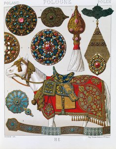 Polska ornament, hästhusarer, litografi hämtad från Schmidts Costume historique, volym V av Albert Charles August Racinet