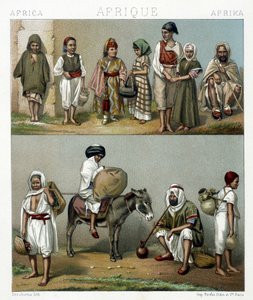 Populära kostymer från Algeriet och Tunisien. Illustration i "" Le costume historique"" av Racinet av Albert Charles August Racinet