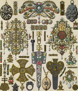 Smycken från 1600-talet, litografi av Schmidt publicerade i Le costume historique, volym V av Albert Charles August Racinet