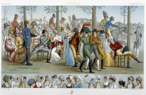 Borgerligheten går till Longchamp, deb. 1800-talet - i "" Le costume historique"" av Racinet av Albert Charles August Racinet