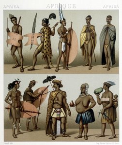 Traditionell Cafrerie-dräkt (Meridional del av Afrika). Illustration i "" Le costume historique"" av Racinet av Albert Charles August Racinet
