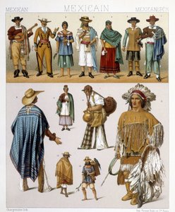Traditionella mexikanska dräkter. Illustration i "Den historiska kostymen" av Racinet av Albert Charles August Racinet