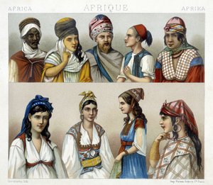 Traditionella dräkter och huvudbonader av män och kvinnor i Algeriet. Illustration i "" Le costume historique"" av Racinet