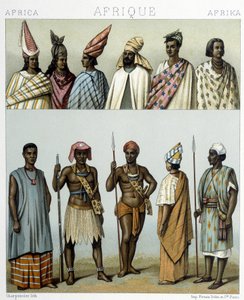 Traditionella dräkter i Senegal. Illustration i "Le costume historique"" av Racinet