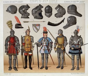 Krigare på 1400- och 1600-talet - i "" Le costume historique"" av Racinet av Albert Charles August Racinet