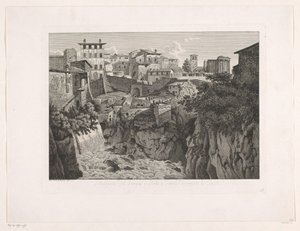 Utsikt över Tivoli, med Vestatemplet i fjärran Situazione del Tempio di Vesta a Tivoli dirimpetto la Cascata (titel på objekt) Malay radirte Prospekte aus Italien (serietitel)