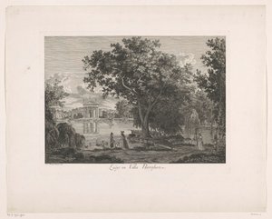 Utsikt över sjön vid Villa Borghese Lago i Villa Borghese (titel på objekt) Malerisch radirte Prospekt aus Italien (serietitel)