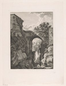Vattenfall nära San Rocco-bron i Tivoli Cascata, och Ponte di St. Rocco a Tivoli (titel på objekt) Pittoreska etsade broschyrer från Italien (serietitel)
