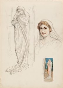 Aino Ackté som Alcestis, skiss av ansiktet och två skisser av hela kroppen av Albert Edelfelt