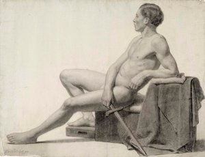 Sittande manlig modell som håller ett svärd, akademisk studie av Albert Edelfelt