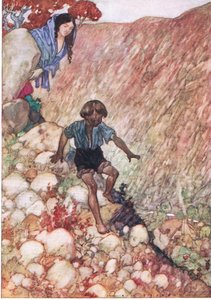 Nedåt gick han som den modige lilla mannen som han var, från The Water Babies pub. av Humphrey Milford Oxford University Press, ca 1930 (färg litho) av Albert Edward Jackson