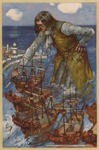 Gulliver fångar Blefuscudians flotta (chromolitho)