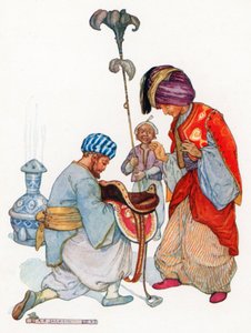 Sindbad presenterade dem för kungen (färglitografi)