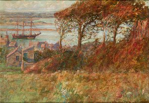 Skogsdunge ovanför hamnen på hösten (olja på duk) av Albert Ernest Victor Lilley