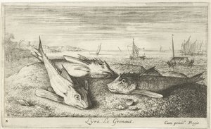 Tre saltvattenfiskar på stranden Lyta, Legrenaut. (titel på objekt) Fiskar och andra havsdjur - saltvatten första serie (serietitel) Diverses Especes de Poissons de mer (serietitel)