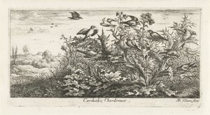 Landskap med guldfink i tistel Carduelis; Chardonneret. (titel på objekt) Fågelbok (serietitel) Livre d