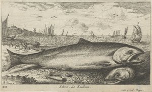 Två laxar på stranden Lax. Le saulmon (titel på objekt) Fiskar och andra havsdjur - saltvatten första serie (serietitel) Diverses Especes de Poissons de mer (serietitel) av Albert Flamen