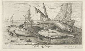 Fyra röda multar på stranden Rubellio Le Rouget. (titel på objekt) Fiskar och andra havsdjur - saltvattens andra serie (serietitel) Poissons de mer (serietitel) av Albert Flamen