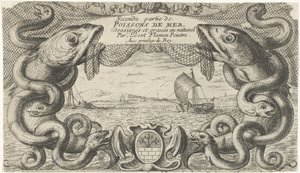 Havslandskap med gränsen av havsdjur och ett fiskenät Fiskar och andra havsdjur - saltvattens andra serie (serietitel) Poissons de mer (serietitel på objekt) av Albert Flamen