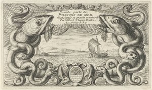 Havslandskap med havsdjurskant och ett fiskenät Fiskar och andra havsdjur - saltvattens andra serie (serietitel) Poissons de mer (serietitel på objekt) av Albert Flamen