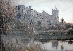 Christchurch, Hampshire (akvarell med penna och bläck på papper) av Albert Goodwin