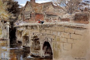 Crane Bridge, Salisbury (penna & bläck med akvarell & kroppsfärg på tonat papper) av Albert Goodwin
