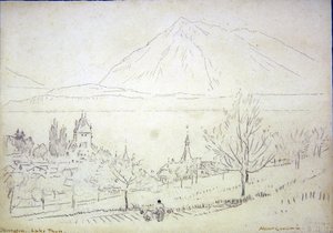 Thunsjön, Oberhofen (bläck & penna på papper) av Albert Goodwin