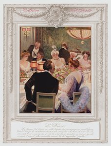 Belle Epoque Paris, Fashionabla dam som äter middag (färg litho) av Albert Guillaume