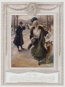 Belle Epoque Paris, moderiktig dam i Bois de Boulogne (färg litho) av Albert Guillaume