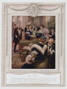 Belle Epoque Paris, Fashionabla dam som tar te (färg litho) av Albert Guillaume