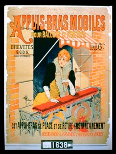 Affisch med reklam för "Mobila armstöd för balkonger och fönster", gjord av Renard och Fabre, Paris