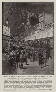 Scene at Night i King Street, Sydney, medan resultatet av det allmänna valet i New South Wales lades upp av Albert Henry Fullwood