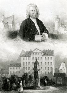 Porträtt av Johann Sebastian Bach (1685-1750) och monument av Albert Henry Payne