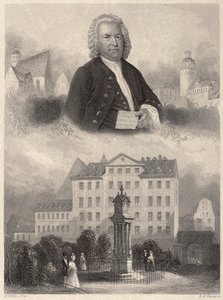 Porträtt av Johann Sebastian Bach, Bachmonumentet och Thomaskyrkan och skolan i Leipzig, ca 1860