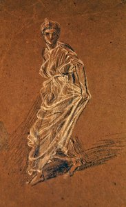Studie av en flicka som kliver fram och bär en lång klänning, ca 1870 (svartvit krita på brunt papper) av Albert Joseph Moore