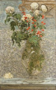 Vita krysantemum och röda bär (olja på duk) av Albert Joseph Moore