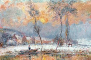 Soluppgång, genom snön, på Chalou-Moulin-dammen