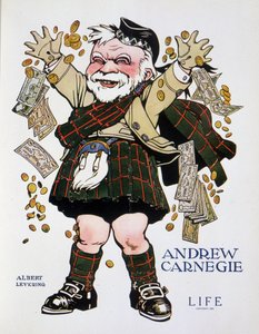 Charge-porträtt av Andrew Carnegie i rutig kostym och kastar pengar - av Albert Levering (1869-1929), i "" Life"" från 1905-04-13 av Albert Levering