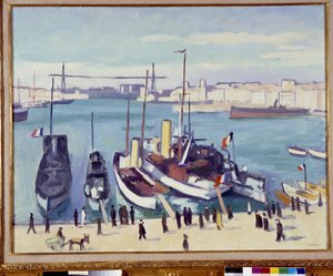 Hamnen i Marseille med färjebron (målning) 1900-talet av Albert Marquet