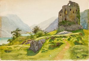 Bergslandskap med ruin