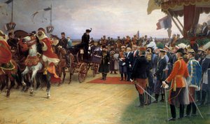 President Emile Loubet (1836-1929) välkomnar tsar Nicholas II (1868-1918) och imponerar Alexandra den 21/09/1901 på Betheny Camp Painting av Albert Dawant (1852-1923) 1905 Sön., 09x3,56 m